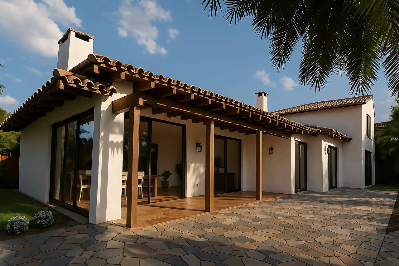 Casa Mediterránea, casa blanca con corredores de madera
